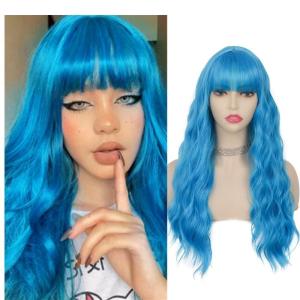 Blue Curly Wig with Bangs Long Women Wigs Wavy Blue Heat Resistant Synthetic Wigs for Women Daily Party Cosplay Halloween Use（Dark Blue）(Blue)