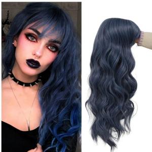Blue Curly Wig with Bangs Long Women Wigs Wavy Blue Heat Resistant Synthetic Wigs for Women Daily Party Cosplay Halloween Use（Dark Blue）(Navy)