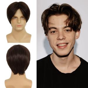 Brown Men Wigs Short Layered Straight Middle Part Fluffy Hair for Male Guy Synthetic Daily Cosplay Wigs with Cap（Brown）(Brown)