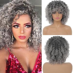 Grey Afro Curly Wigs for Black Women Dark Roots with Bangs Wig Short Wave Kinky Synthetic Daily Use Wig(Grey)