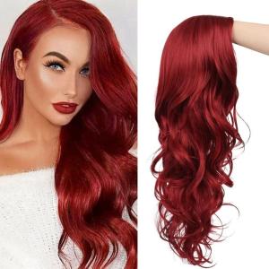 Long Black Curly Wavy Wigs for Women Side Part Natural Looking Synthetic Hair Wig Cosplay Halloween Costume Wigs(Red)