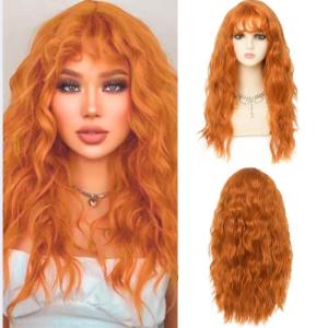 Long Red Curly Wavy Wigs with Bangs Natural Looking Wig Heat Resistantant Cosplay Halloween Hair Wigs(Orange)