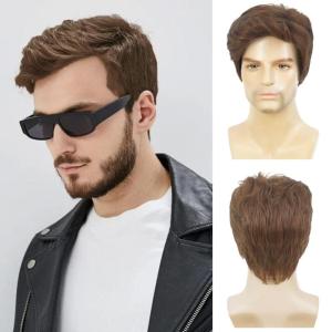 Mens Brown Short Wig Soft Layered Fluffy Natural Looking Synthetic Halloween Cosplay Daily Party Wigs(Brown#2)