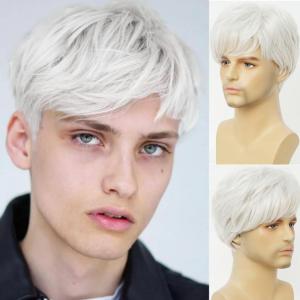 Mens Brown Short Wig Soft Layered Fluffy Natural Looking Synthetic Halloween Cosplay Daily Party Wigs(White)