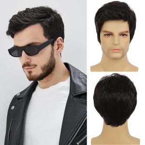 Mens Brown Short Wig Soft Layered Fluffy Natural Looking Synthetic Halloween Cosplay Daily Party Wigs(black)