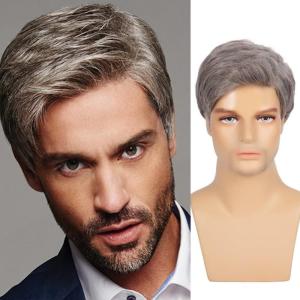Mens Long Brown Wig Straight Brown Side Part Wig Synthetic Heat Resistant Hair Wigs Male Guys Daily Party Costume Halloween Use(Grey)