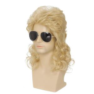 Mens White Long Curly Wig 70s 80s Rocker Wig with Bangs Synthetic Heat Resistant Halloween Cosplay Costume Wig(Blonde)