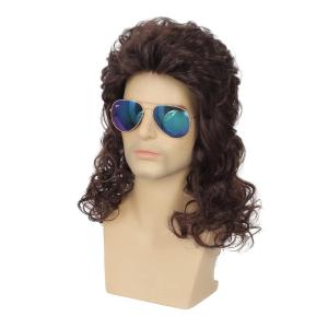 Mens White Long Curly Wig 70s 80s Rocker Wig with Bangs Synthetic Heat Resistant Halloween Cosplay Costume Wig(Dark Brown)