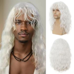 Mens White Long Curly Wig 70s 80s Rocker Wig with Bangs Synthetic Heat Resistant Halloween Cosplay Costume Wig(White)