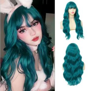 Neon Green Long Straight Wigs for Women with Side Bangs Natural Halloween Party Hair Heat Resistant Synthetic Wig for Cosplay(Light Green)(Bangs Blue)