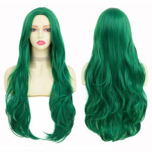 Neon Green Long Straight Wigs for Women with Side Bangs Natural Halloween Party Hair Heat Resistant Synthetic Wig for Cosplay(Light Green)(Curly Green)