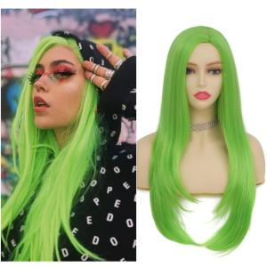 Neon Green Long Straight Wigs for Women with Side Bangs Natural Halloween Party Hair Heat Resistant Synthetic Wig for Cosplay(Light Green)(Green)