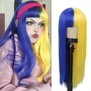 Neon Green Long Straight Wigs for Women with Side Bangs Natural Halloween Party Hair Heat Resistant Synthetic Wig for Cosplay(Light Green)(Half Blue Half Yellow)