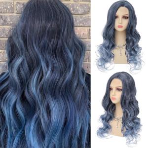Ombre Blue Wigs for Women Long Curly Wave Wigs Middle Part Hair Natural Synthetic Hair Halloween Cosplay Wig(Blue)