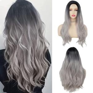 Ombre Purple Curly Wigs for Women Long Curly Wave Middle Part Synthetic Wig for Halloween Costume Wig(Grey ombre purple)(Grey-lace front)