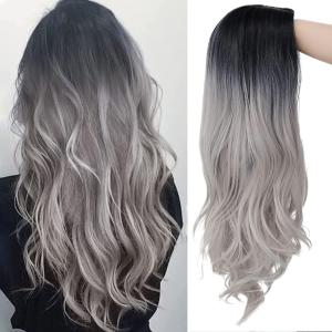 Ombre Purple Curly Wigs for Women Long Curly Wave Middle Part Synthetic Wig for Halloween Costume Wig(Grey ombre purple)(grey)
