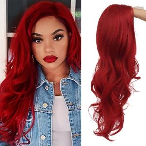 Red Wigs for Women Long Wavy Heat Resistant Side Part Natural Looking Cosplay Wigs Halloween Party (Bright Red)(Lace Red)