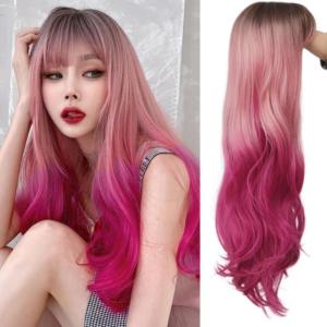 Red Wigs for Women Long Wavy Heat Resistant Side Part Natural Looking Cosplay Wigs Halloween Party (Bright Red)(Pink Curly)