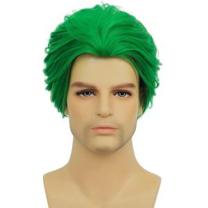Short Black Curly Wigs for Men Anime Black Hair Wig Layered Fluffy Wave Synthetic Hair Wigs for Cosplay Unisex Wig(Green)