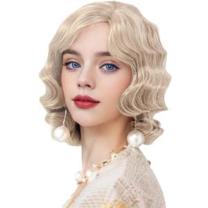 Short Blonde Finger Wave Wig for Women 1920s Curly Synthetic Flapper Wig Heat Resistant Side Part Vintage Halloween Cosplay Costume Hair Wigs(Blonde)
