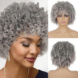 Short Curly Grey Wig for Women Kinky Fluffy Layered Gray Synthetic Wigs with Bangs Natural Looking Daily Cosplay Halloween Hair Wigs