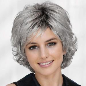 Short Gray Wigs for Women with Bangs Dark Roots Pixie Cut Wig Layered Synthetic Hair Wigs for Daily Use(Short Gray)