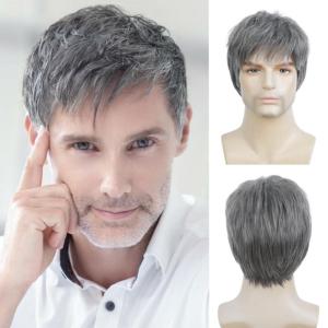 Short Grey Wigs for Men Natural Fluffy Hair Costume Wigs Daily Replacement Wig for Male Guy