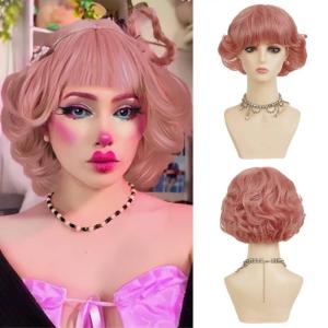 Short Pink Wig with Bangs for Women Bob Curly Wavy Wigs Synthetic Fiber Hair Wigs for Cosplay Halloween Daily Party Use