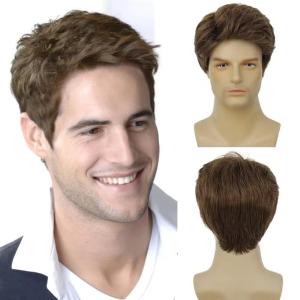 White Mens Short Wig Natural Fluffy Synthetic Hair Wig for Male Guy Daily Party Costume Wig (White)(Brown)