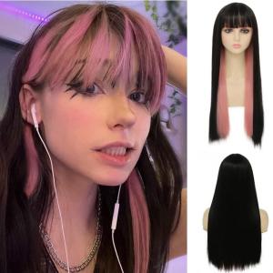 Black Mix Purple Long Straight Wigs with Bangs for Women Halloween Cosplay Party Costume Synthetic Hair Wigs(Black and Purple)(Black Pink)