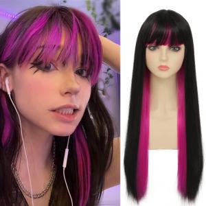 Black Mix Purple Long Straight Wigs with Bangs for Women Halloween Cosplay Party Costume Synthetic Hair Wigs(Black and Purple)(Black Purple)