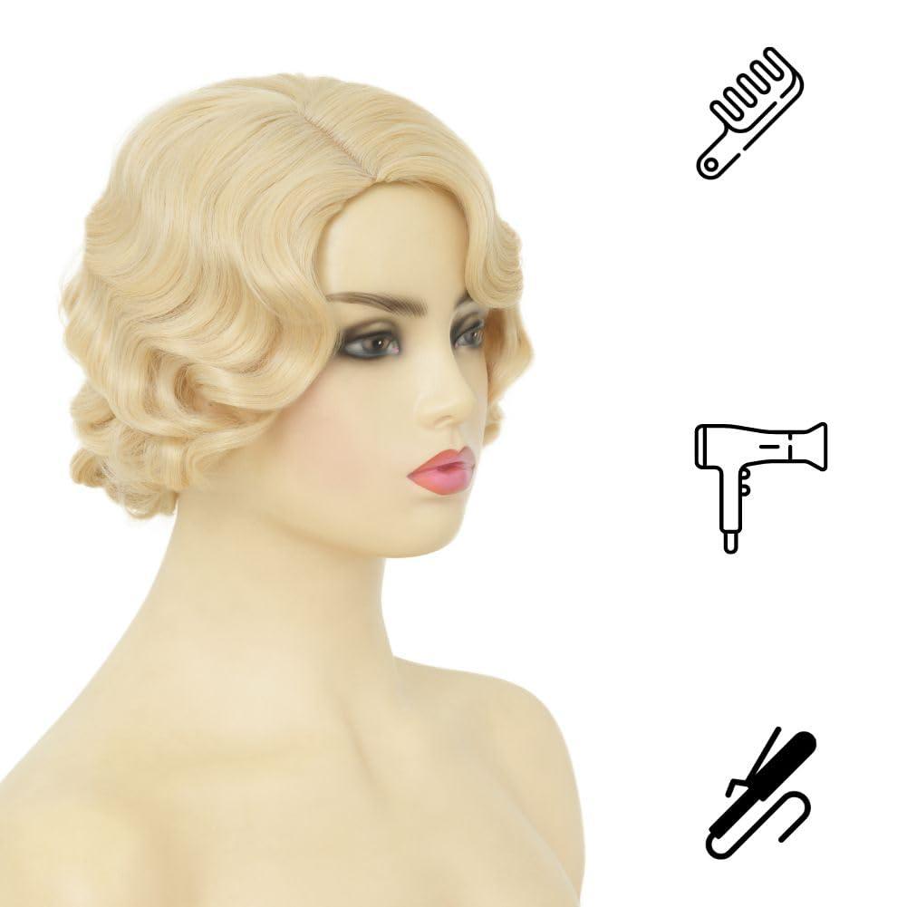 imageWhite Finger Wave Short Curly Wigs for Women Synthetic Wig 1920s Cosplay Halloween Hair WigsBlonde