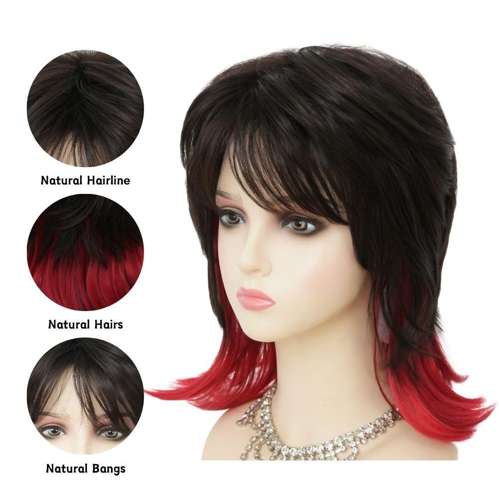 imageReddish Brown Straight Wig for women Medium Length Layered Wig with Side Part Bangs Synthetic Wig for Daily Party UseBlack