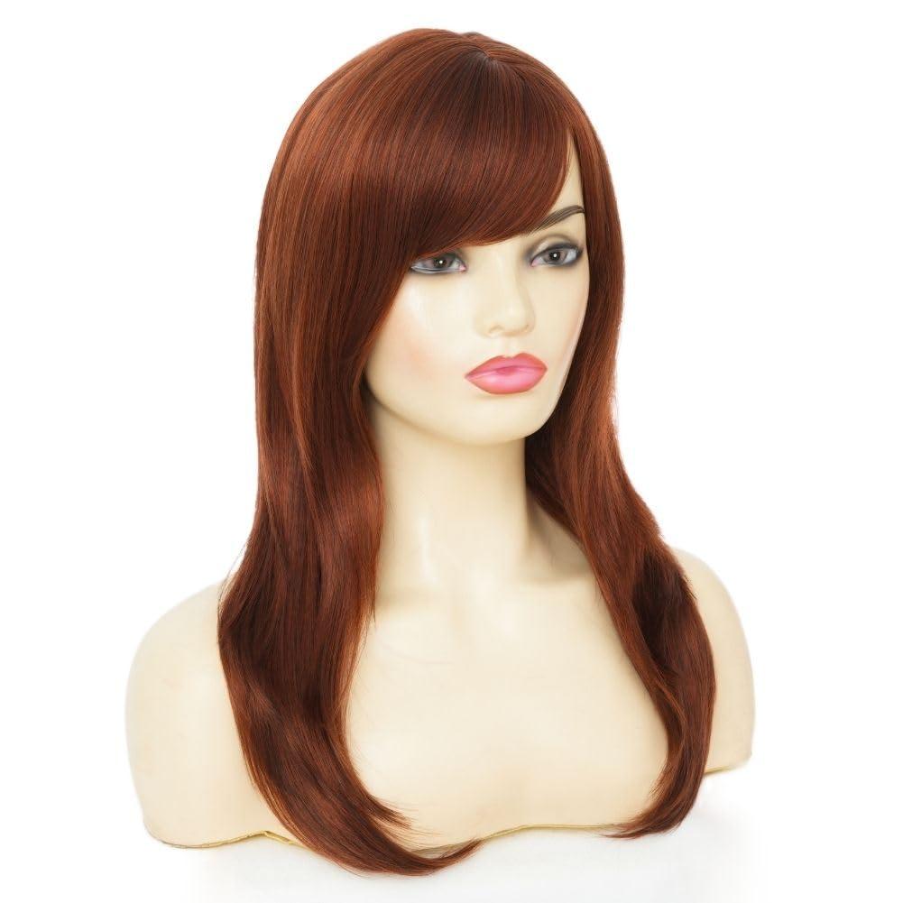 imageReddish Brown Straight Wig for women Medium Length Layered Wig with Side Part Bangs Synthetic Wig for Daily Party UseBrown