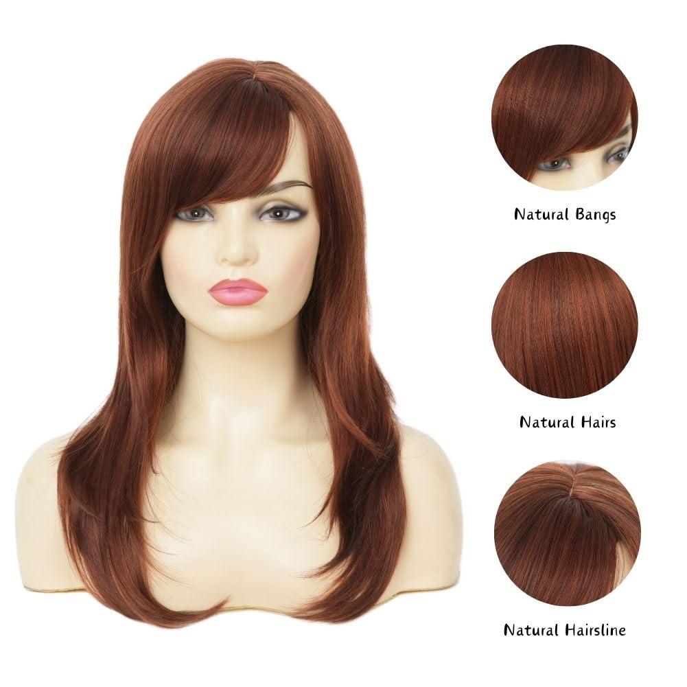 imageReddish Brown Straight Wig for women Medium Length Layered Wig with Side Part Bangs Synthetic Wig for Daily Party UseBrown