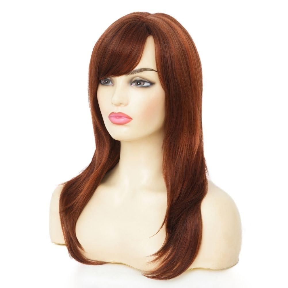 imageReddish Brown Straight Wig for women Medium Length Layered Wig with Side Part Bangs Synthetic Wig for Daily Party UseBrown
