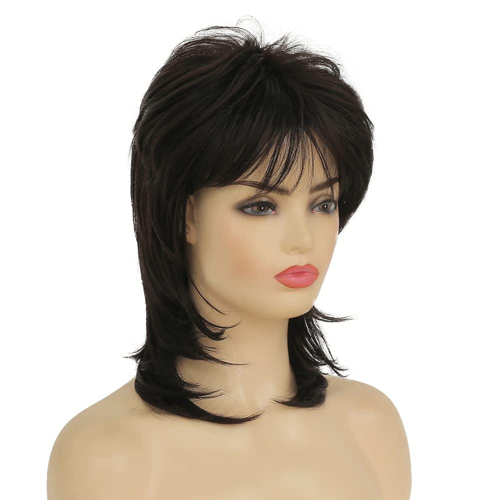 imageReddish Brown Straight Wig for women Medium Length Layered Wig with Side Part Bangs Synthetic Wig for Daily Party UseMullet Black