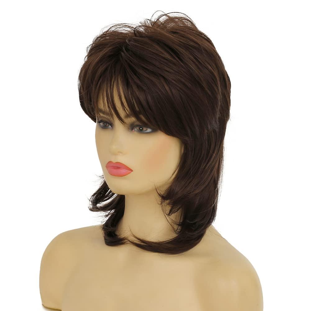 imageReddish Brown Straight Wig for women Medium Length Layered Wig with Side Part Bangs Synthetic Wig for Daily Party UseMullet Brown