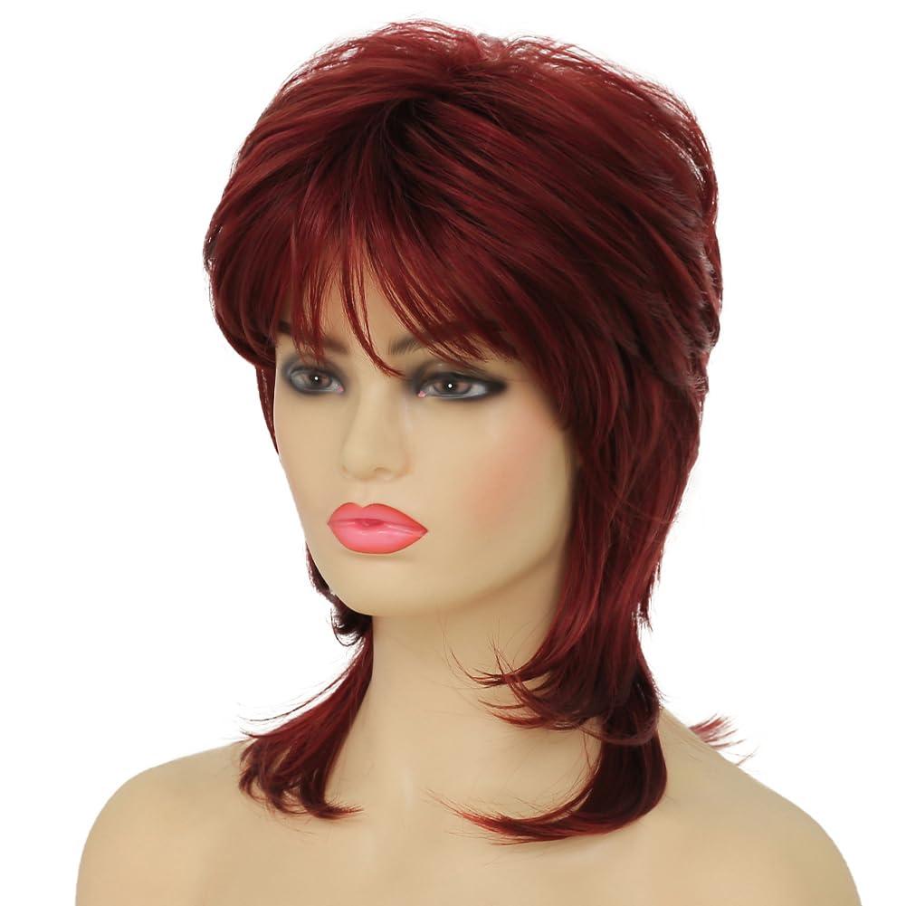 imageReddish Brown Straight Wig for women Medium Length Layered Wig with Side Part Bangs Synthetic Wig for Daily Party UseMullet Wine Red