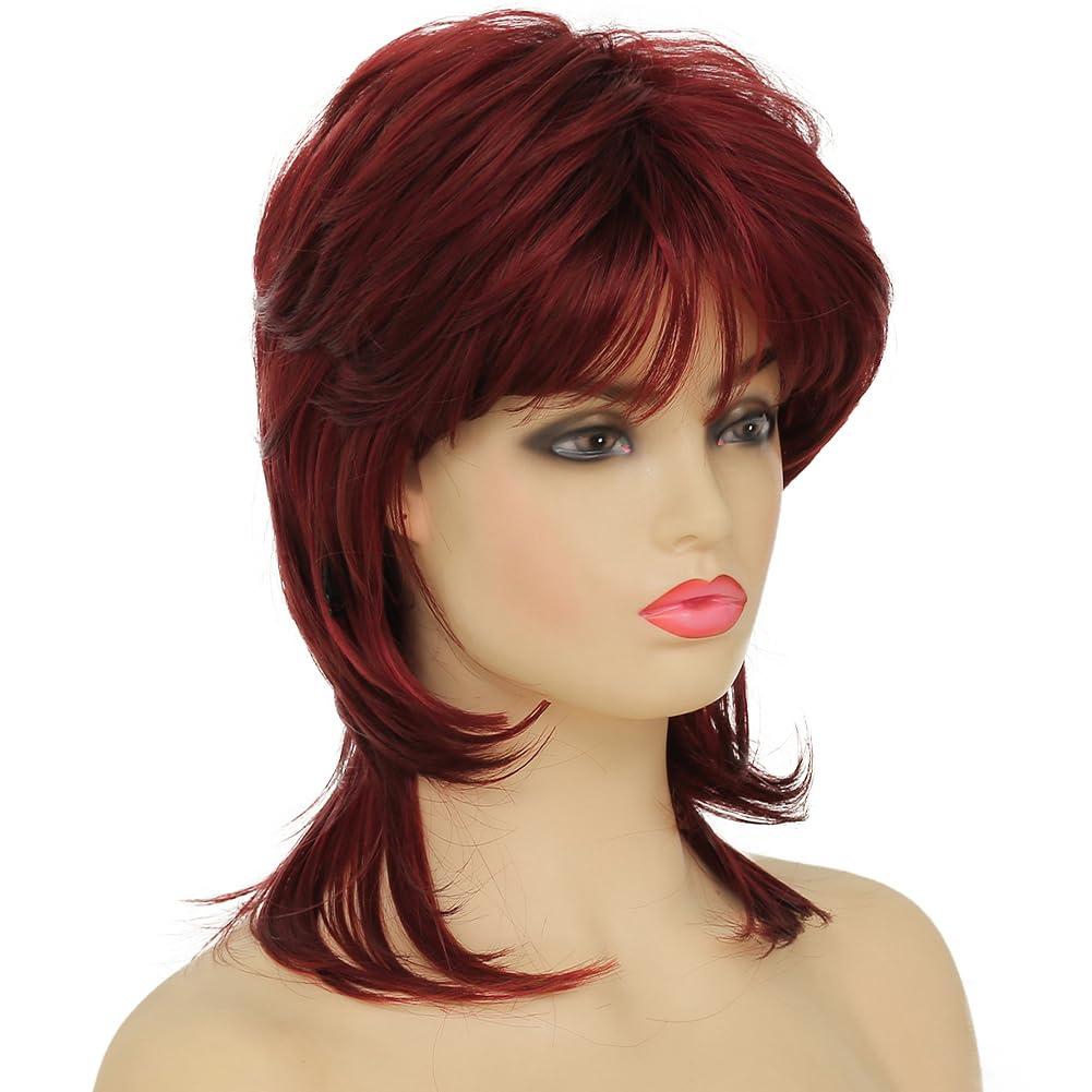 imageReddish Brown Straight Wig for women Medium Length Layered Wig with Side Part Bangs Synthetic Wig for Daily Party UseMullet Wine Red