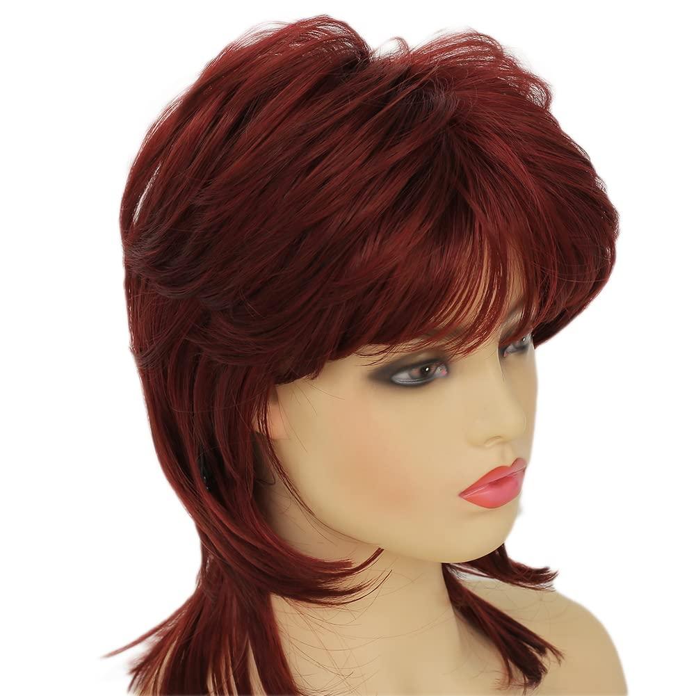 imageReddish Brown Straight Wig for women Medium Length Layered Wig with Side Part Bangs Synthetic Wig for Daily Party UseMullet Wine Red
