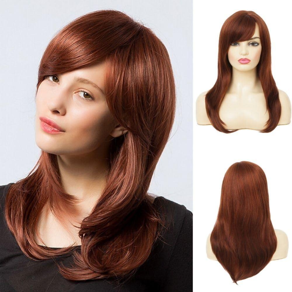 imageReddish Brown Straight Wig for women Medium Length Layered Wig with Side Part Bangs Synthetic Wig for Daily Party UseBrown