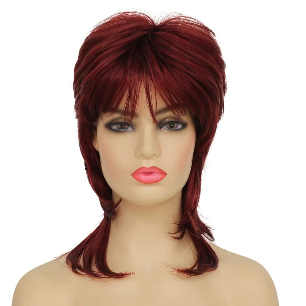 imageReddish Brown Straight Wig for women Medium Length Layered Wig with Side Part Bangs Synthetic Wig for Daily Party UseMullet Wine Red