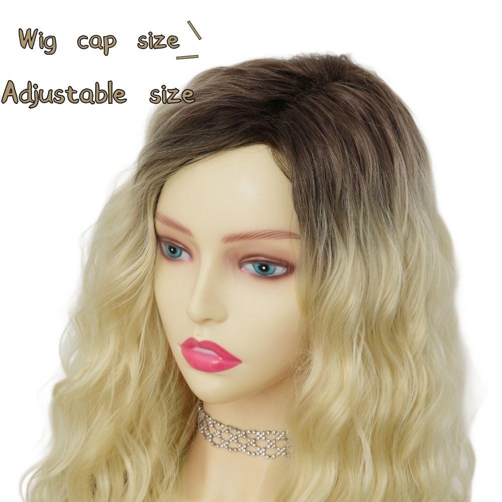 imageBlonde Long Curly Wig for Women Synthetic Dark Roots Natural Fluffy Wavy Side Part Hair Wig for Daily