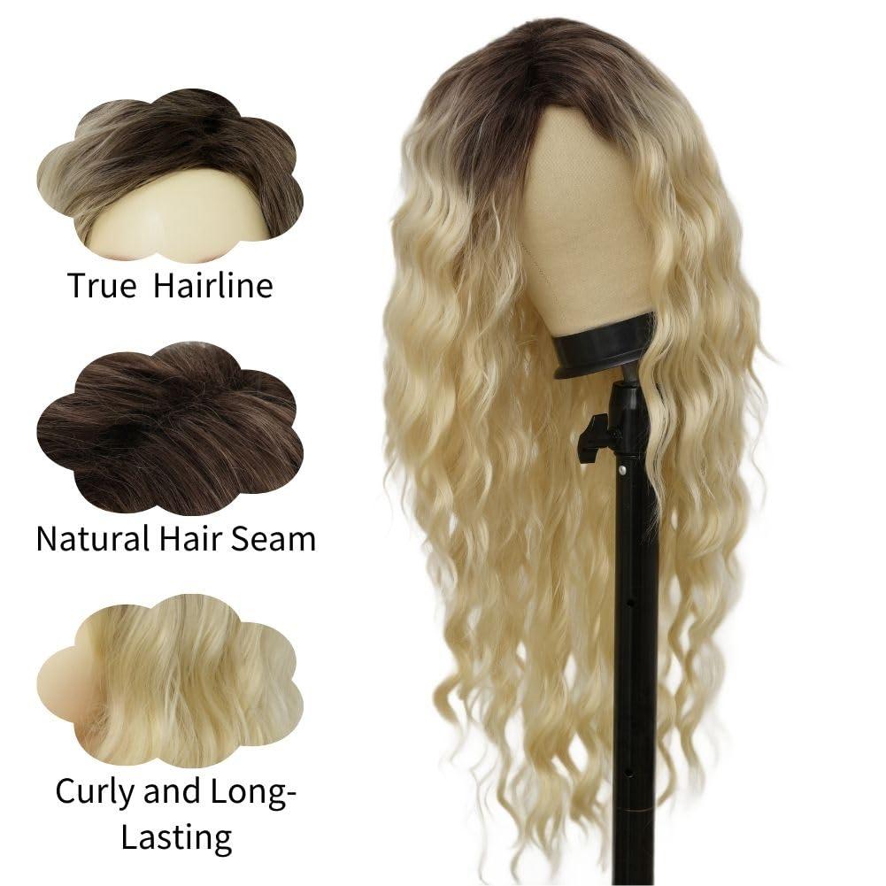imageBlonde Long Curly Wig for Women Synthetic Dark Roots Natural Fluffy Wavy Side Part Hair Wig for Daily