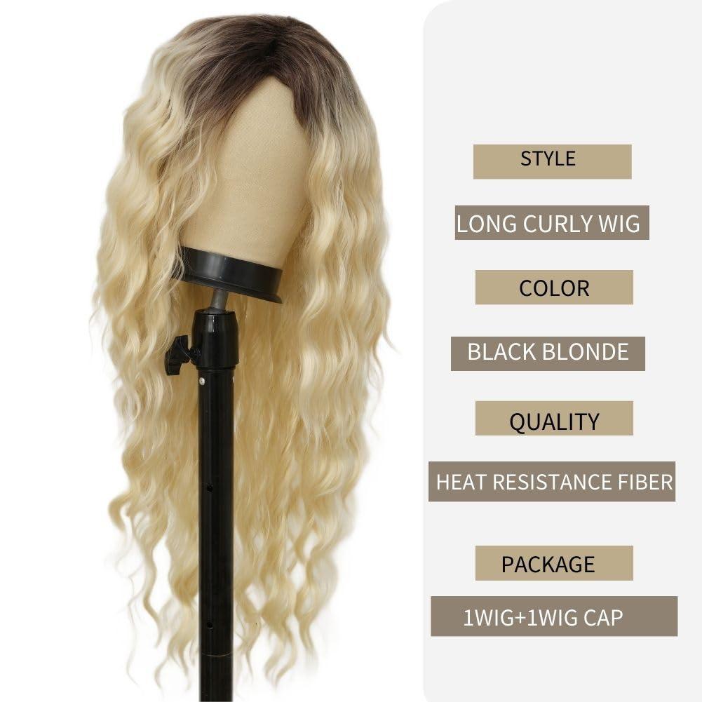 imageBlonde Long Curly Wig for Women Synthetic Dark Roots Natural Fluffy Wavy Side Part Hair Wig for Daily