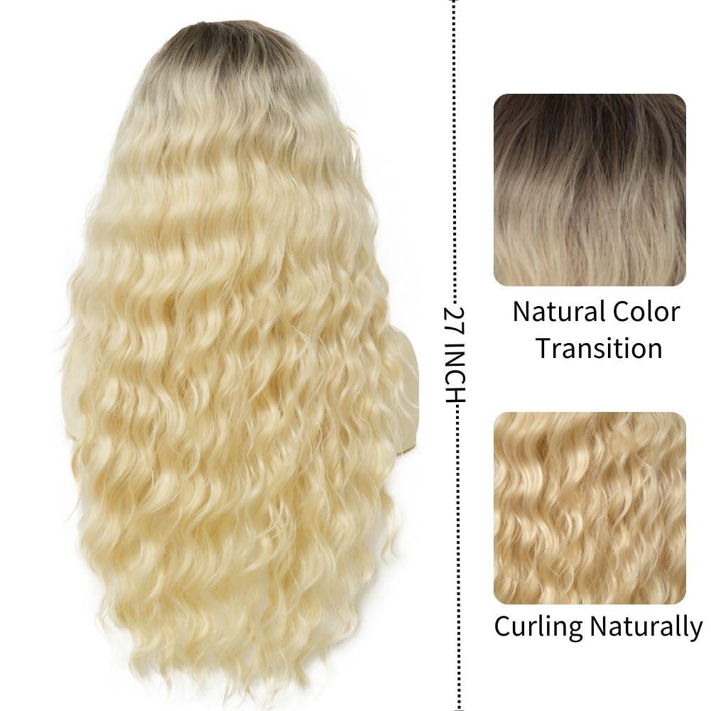 imageBlonde Long Curly Wig for Women Synthetic Dark Roots Natural Fluffy Wavy Side Part Hair Wig for Daily