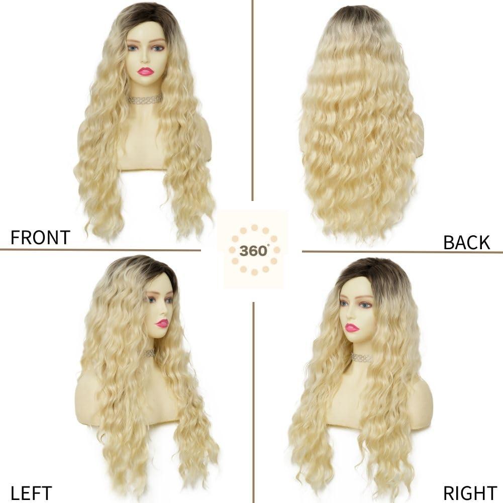imageBlonde Long Curly Wig for Women Synthetic Dark Roots Natural Fluffy Wavy Side Part Hair Wig for Daily