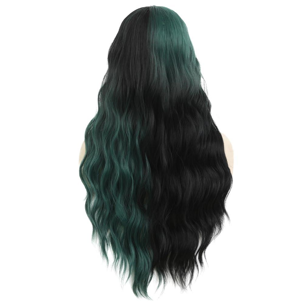 imageGreen Ombre Long Wavy Women Wigs Middle Part Wigs for Women Synthetic Wig Daily Party UseBlack and Green