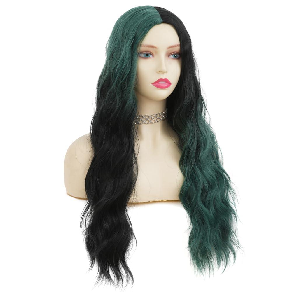 imageGreen Ombre Long Wavy Women Wigs Middle Part Wigs for Women Synthetic Wig Daily Party UseBlack and Green